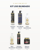 O que vem no Kit Liso Blindado: shampoo detox, ativo Liso 3D, blindagem 3D e kit Intense Lizz